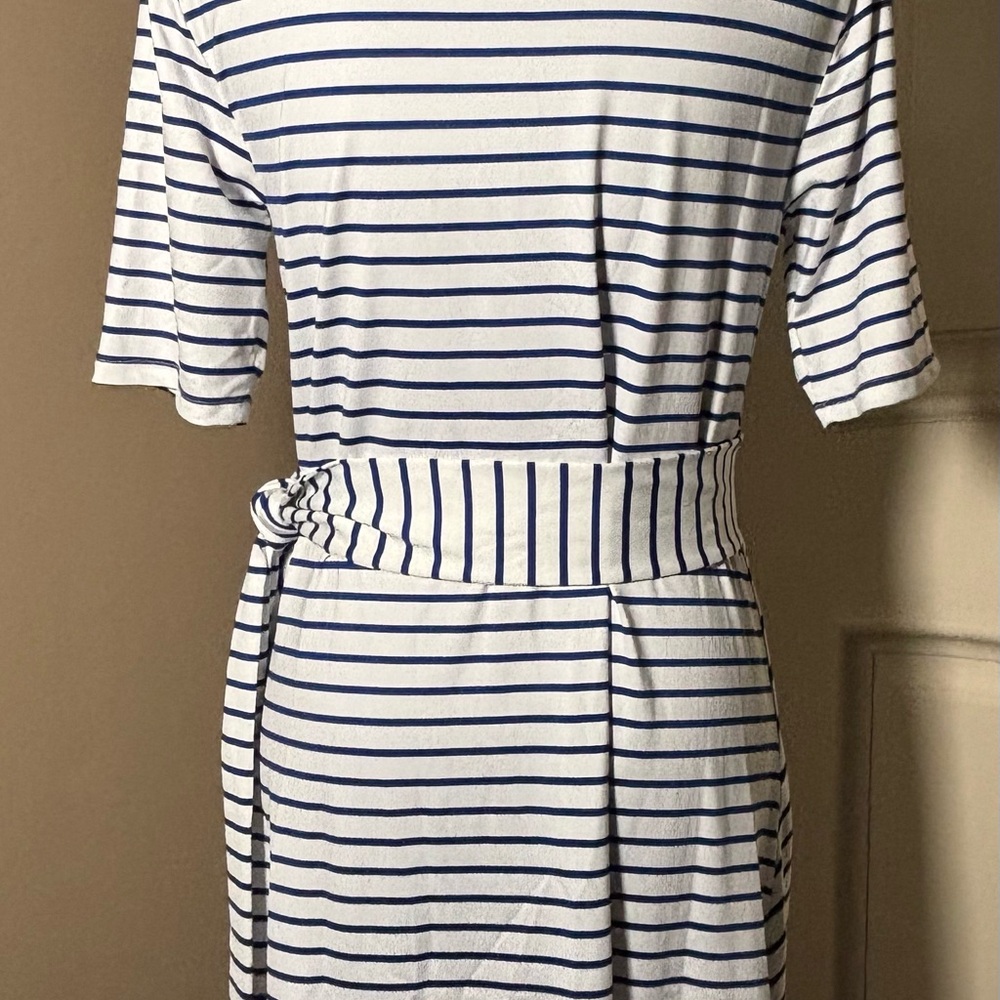 Lands’ End Elbow Sleeve Tie Waist Sheath Dress White & Navy Blue Nautical Sz S - Picture 9 of 16